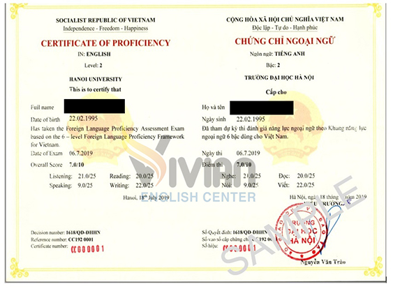 Mẫu chứng chỉ tiếng Anh B1 Đại học Hà Nội