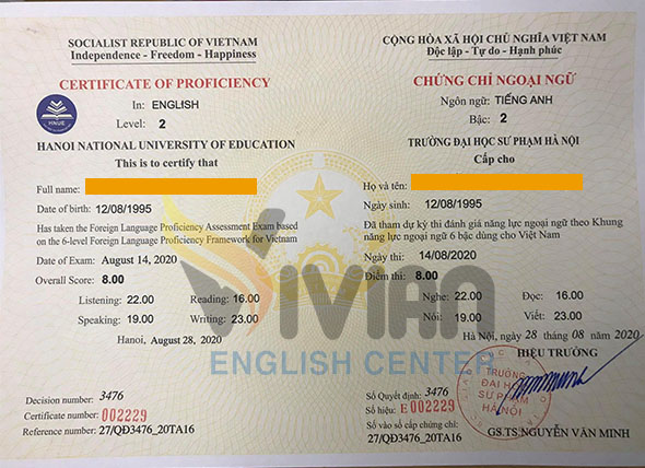 Mẫu chứng chỉ A2 tiếng Anh Đại học Sư phạm Hà Nội
