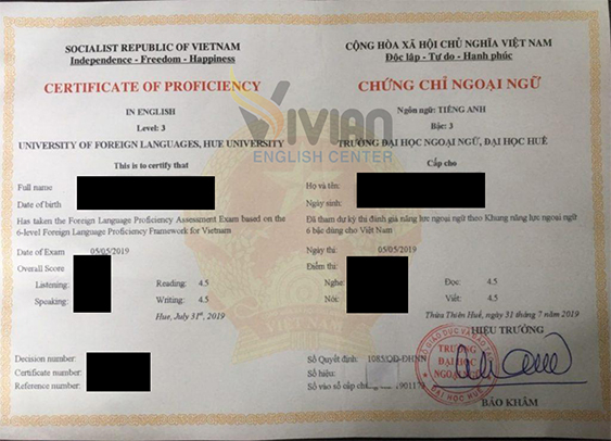Mẫu chứng chỉ tiếng Anh B1 Đại học Huế 