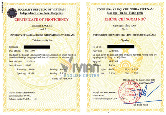 Mẫu chứng chỉ tiếng Anh B1 Đại học Ngoại ngữ Ulis