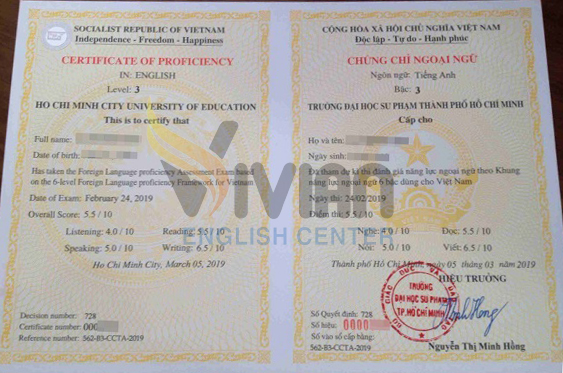 Mẫu chứng chỉ tiếng Anh B1 Đại học Sư phạm Tp Hồ Chí Minh